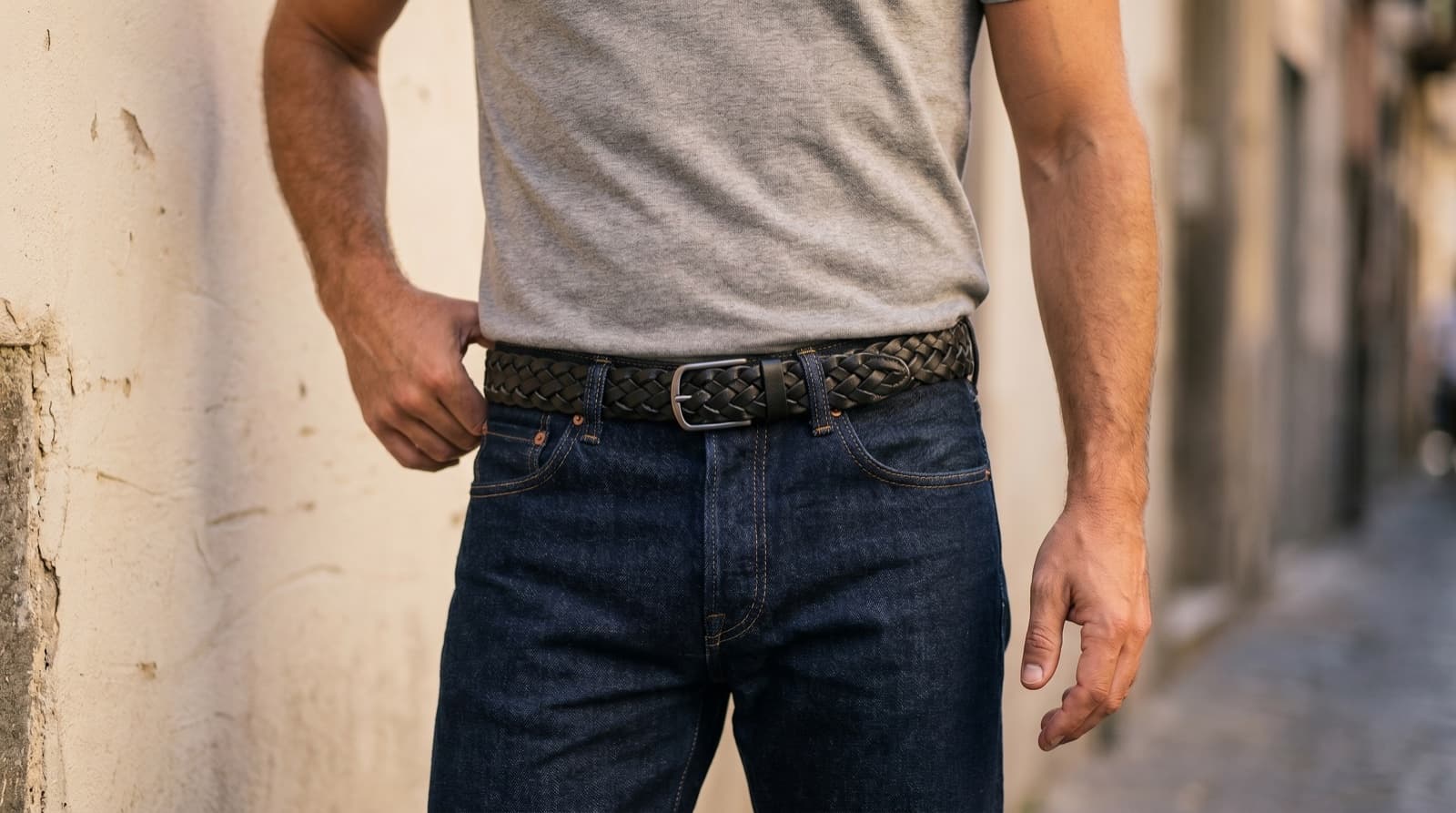 Officine Napoli Zwart Gevlochten Lederen Riem